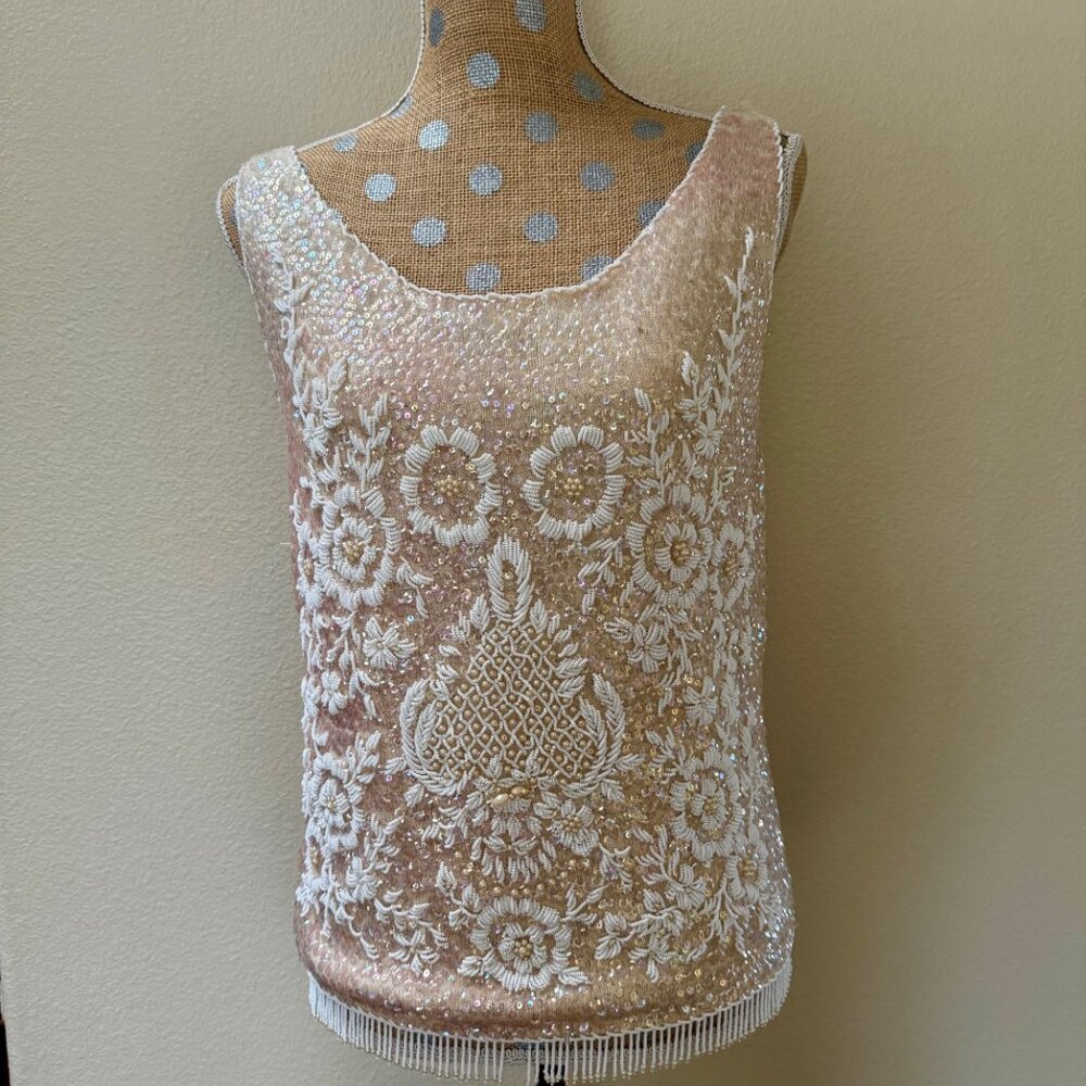 Cream Beaded Fringe Evening Top | Vintage 1950's | Large